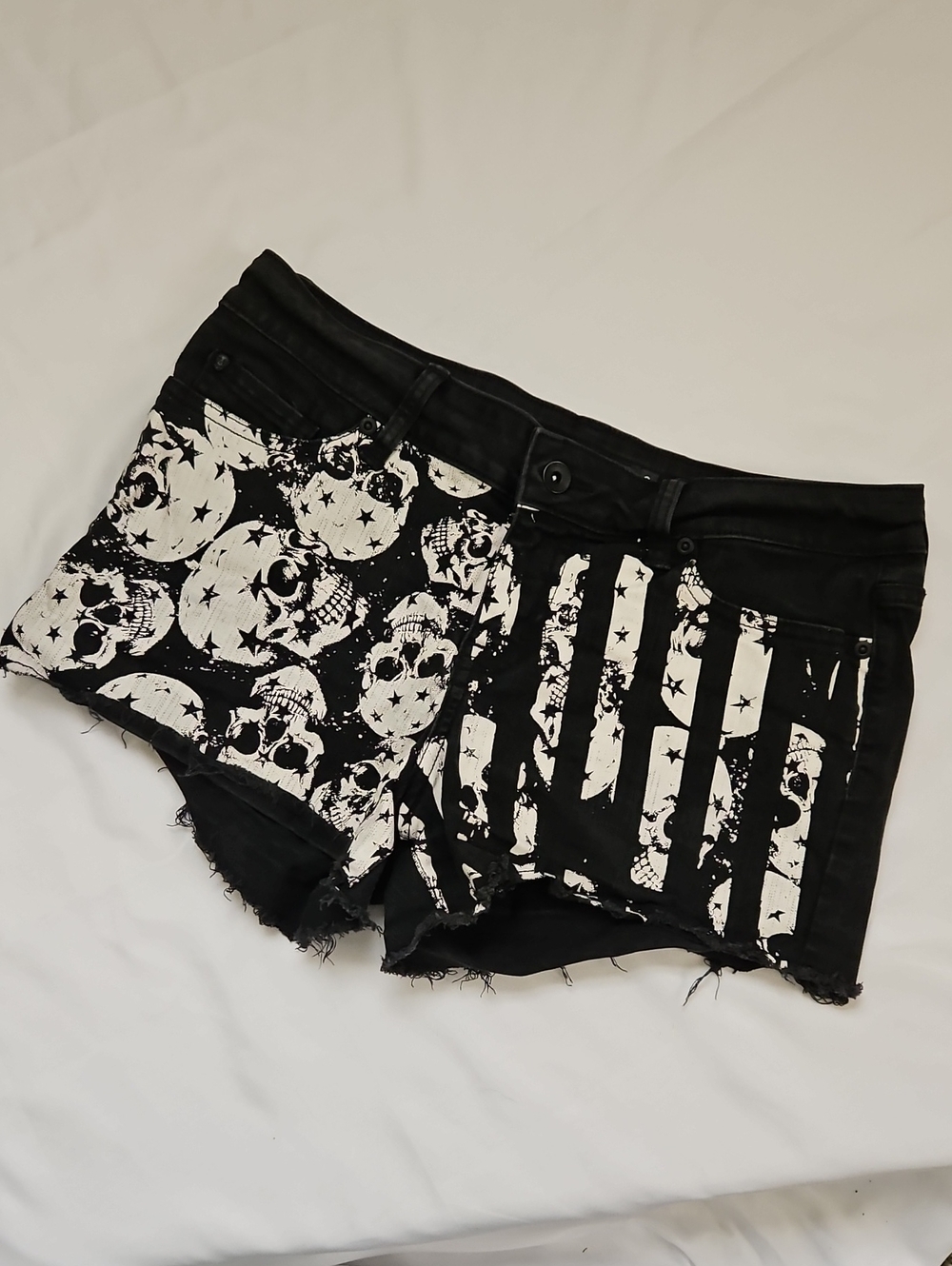 Blackheart Black Denim Low-rise Skull & Stripe Jean Shorts